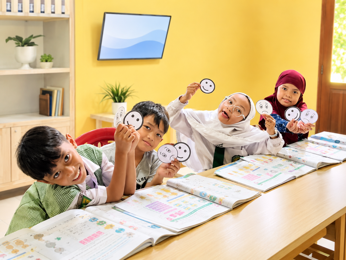 Happy students learning in class